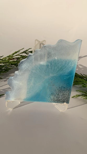 Parlak Deniz Mavi Tonlu Siyah Simli Üçgen Dalgalı Şekil Epoksi Bardak Altlığı El Yapımı - 5