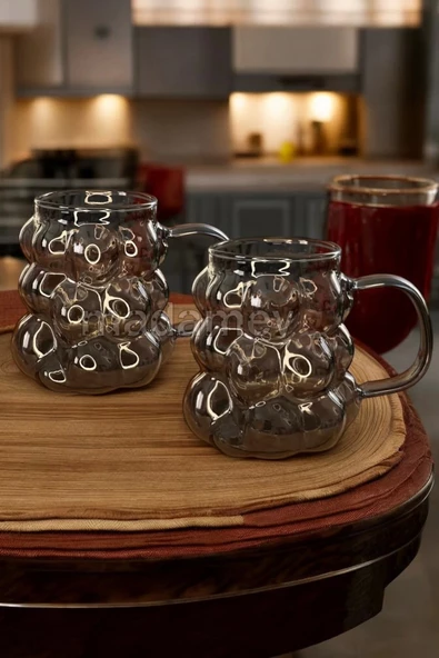 4'lü Füme Kulplu Üzüm Tanesi Boncuk Şekilli Cam Bardak 350ml Isıya Dayanıklı Kahve Sunum Bardağı - Resim 3