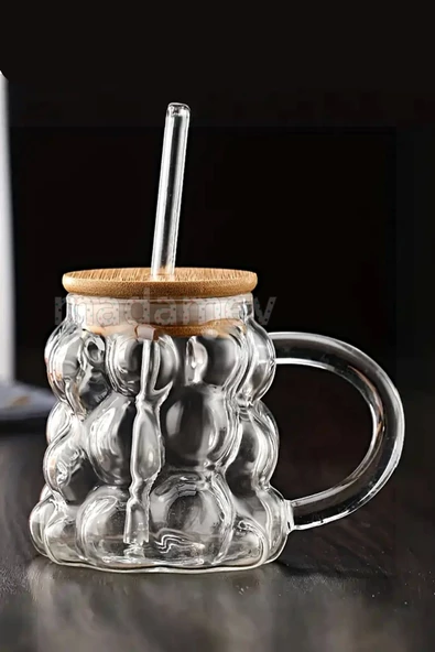 Madamev 6'lı Üzüm Tanesi Bambu Kapaklı Boncuk Bardak 350 ml Isıya Dayanıklı Cam Pipetli Kahve Sunum Bardağı - 2