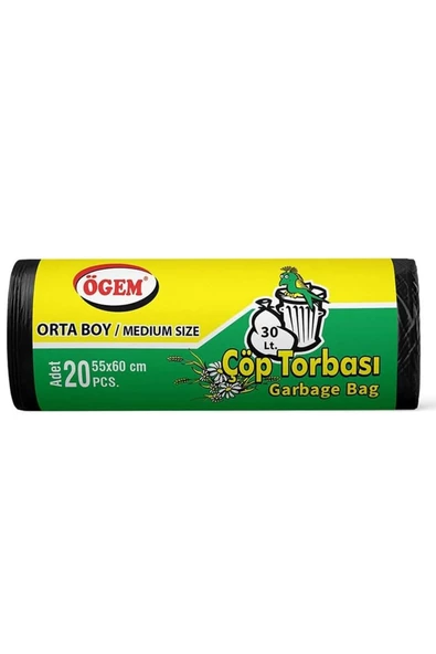 Orta Boy Çöp Torbası 55 x 60 cm 20 Li Rulo x 5 Paket = 100 Adet (Siyah)