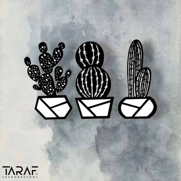 3 'lü Kaktüs Lazer Kesim Dekoratif Duvar Süsü MDF Çiçek - 7