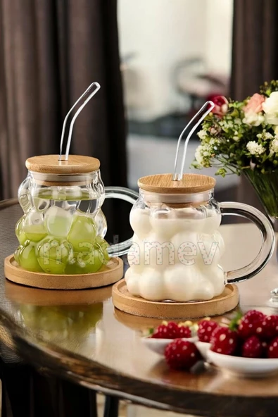 Madamev 6'lı Üzüm Tanesi Bambu Kapaklı Boncuk Bardak 350 ml Isıya Dayanıklı Cam Pipetli Kahve Sunum Bardağı - 4