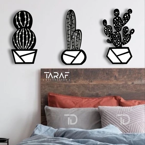 3 'lü Kaktüs Lazer Kesim Dekoratif Duvar Süsü MDF Çiçek - 8