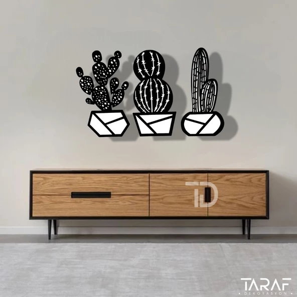 3 'lü Kaktüs Lazer Kesim Dekoratif Duvar Süsü MDF Çiçek - 6