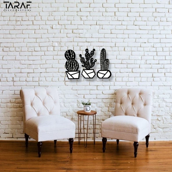 3 'lü Kaktüs Lazer Kesim Dekoratif Duvar Süsü MDF Çiçek - 4
