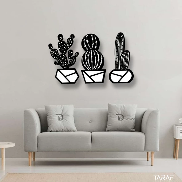 3 'lü Kaktüs Lazer Kesim Dekoratif Duvar Süsü MDF Çiçek - 2
