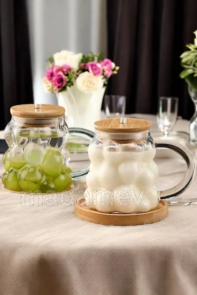 Madamev 6'lı Üzüm Tanesi Bambu Kapaklı Boncuk Bardak 350 ml Isıya Dayanıklı Cam Pipetli Kahve Sunum Bardağı - 5