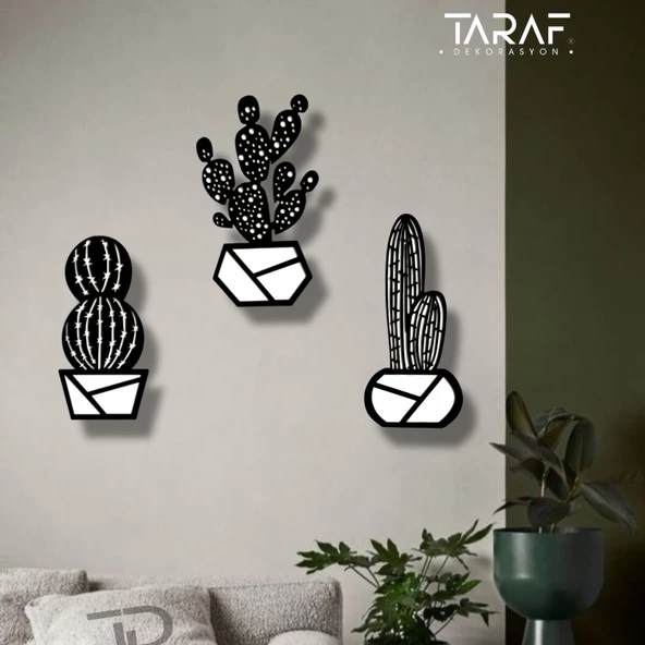3 'lü Kaktüs Lazer Kesim Dekoratif Duvar Süsü MDF Çiçek - 5