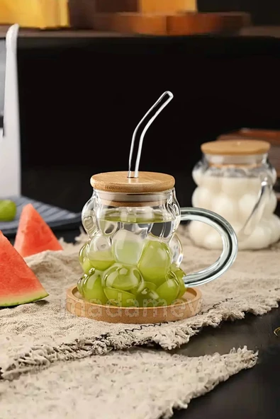Madamev 6'lı Üzüm Tanesi Bambu Kapaklı Boncuk Bardak 350 ml Isıya Dayanıklı Cam Pipetli Kahve Sunum Bardağı - 3