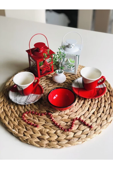 Kırmızı Batik 2li Kahve Fincan Seti Ve Lokumluk Kırmızı - 4