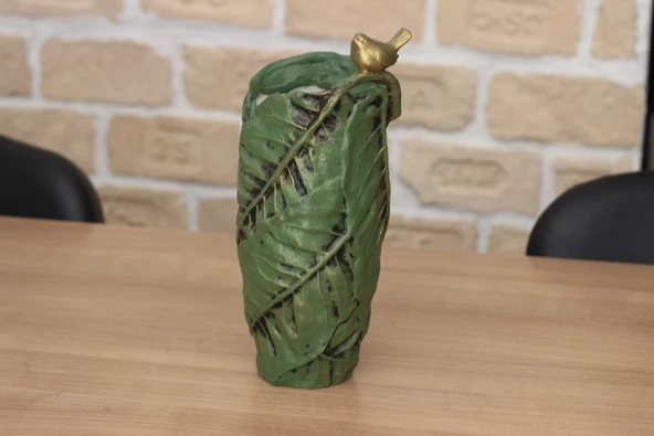 Polyester Kuşlu Yaprak Desen Gold Varaklı Vazo 28,5cm - 3
