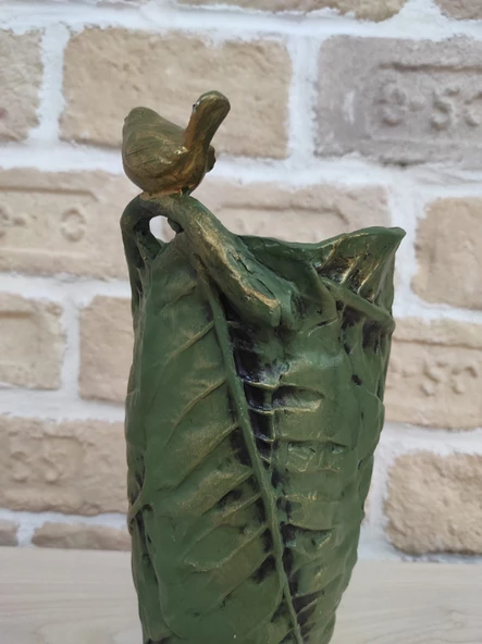 Polyester Kuşlu Yaprak Desen Gold Varaklı Vazo 28,5cm - 9