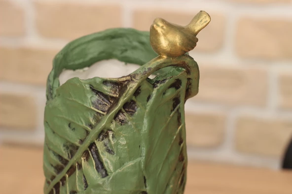 Polyester Kuşlu Yaprak Desen Gold Varaklı Vazo 28,5cm - 2