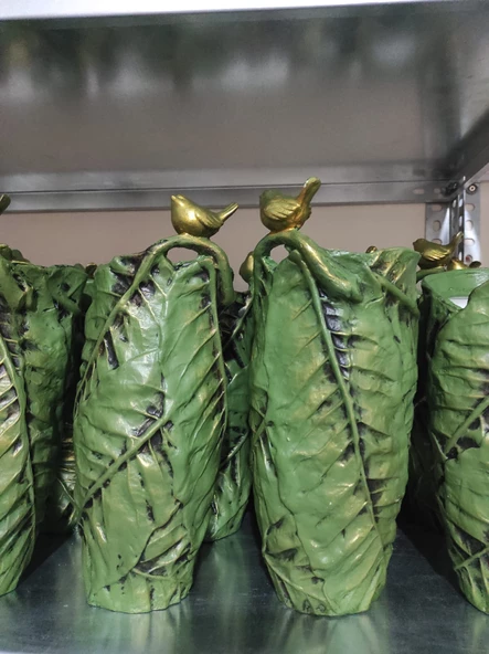 Polyester Kuşlu Yaprak Desen Gold Varaklı Vazo 28,5cm - 7