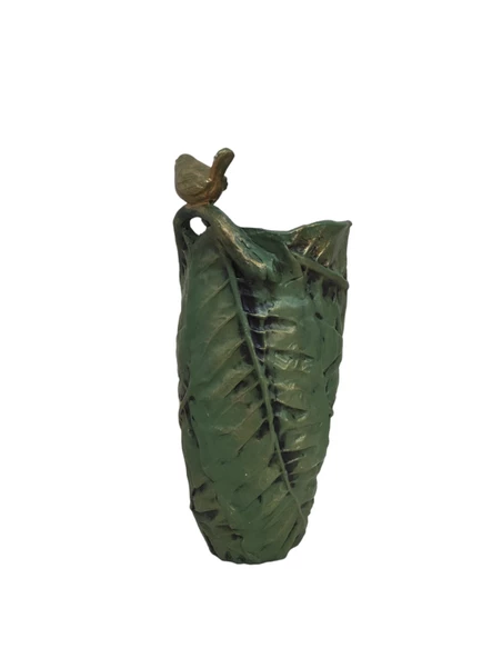 Polyester Kuşlu Yaprak Desen Gold Varaklı Vazo 28,5cm - 8