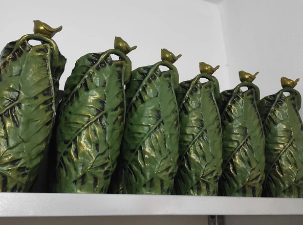 Polyester Kuşlu Yaprak Desen Gold Varaklı Vazo 28,5cm - 5