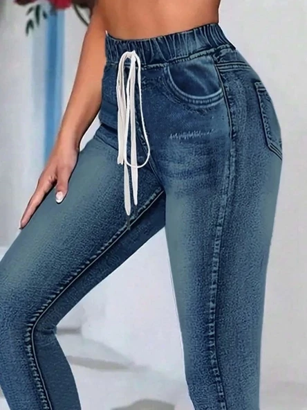 Kadın Belden Bağlamalı Cepli Yüksek Bel Kot Pantolon - 2