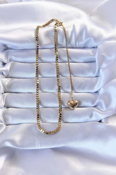 316L Çelik Altın Renk Küp Zincirli Kalpli Kolye - 2