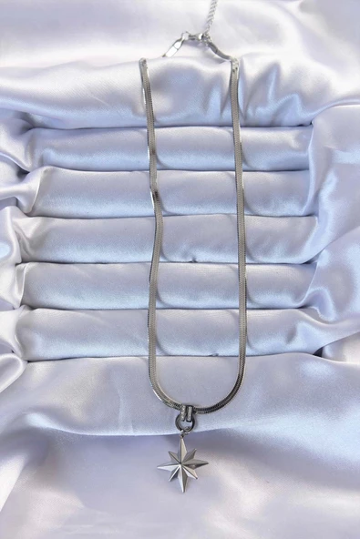 316L Çelik Gümüş Renk Zirkon Taşlı İtalyan Zincirli Kutup Yıldızı Kolye - Resim 2