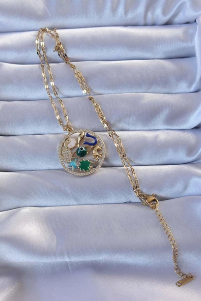 316L Altın Renk Zirkon Taşlı Şans Kolye - 2