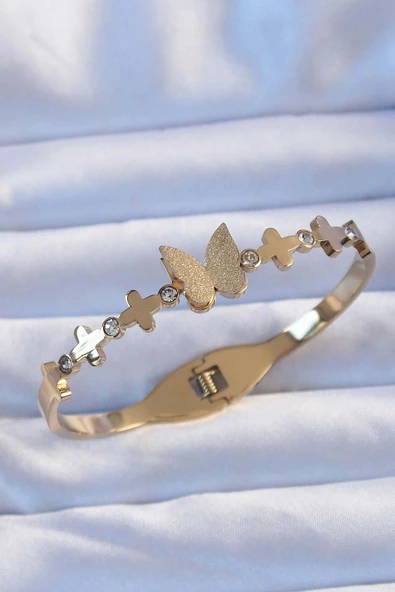 316L Çelik Altın Renk Zirkon Taşlı Kelebek Kelepçe ürün görseli 1