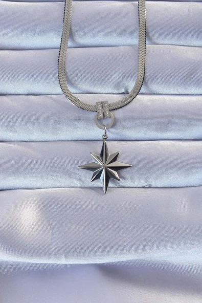 316L Çelik Gümüş Renk Zirkon Taşlı İtalyan Zincirli Kutup Yıldızı Kolye ürün görseli 1