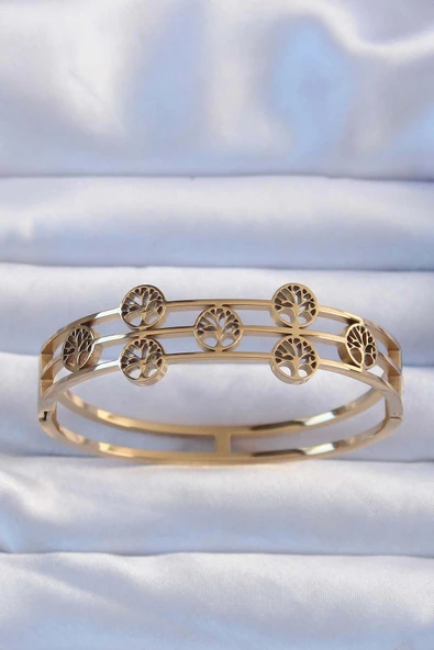 316L Çelik Altın Renk Minimal Yaşam Ağacı Tasarımlı Kelepçe ürün görseli 1