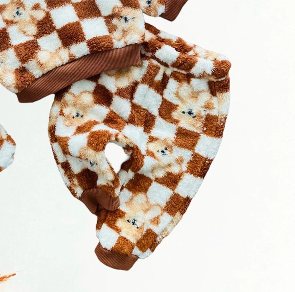 Neşeli Bebekler Liverpool Ayıcık Desen Welsoft Kumaş Kapüşonlu Panduflu Takım Kiremit - Resim 4