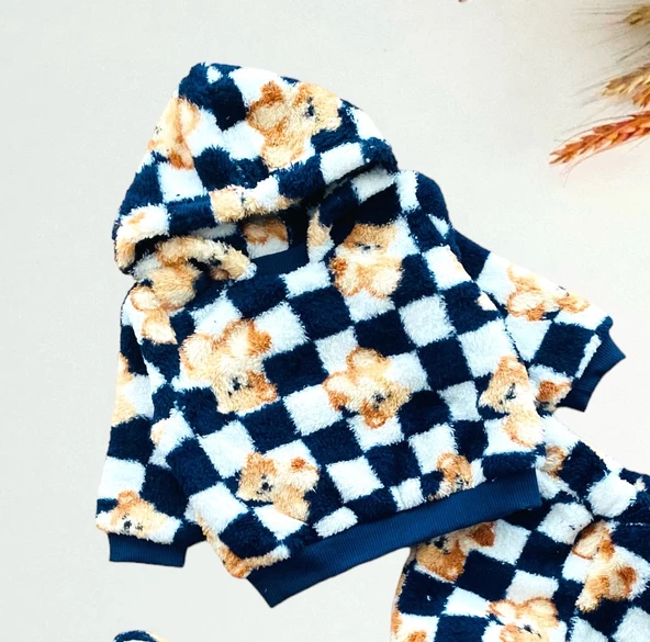 Neşeli Bebekler Liverpool Ayıcık Desen Welsoft Kumaş Kapüşonlu Panduflu Takım Lacivert - Resim 2