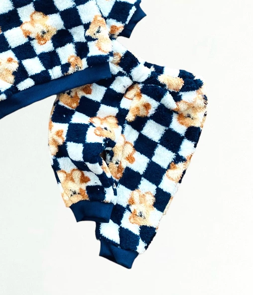 Neşeli Bebekler Liverpool Ayıcık Desen Welsoft Kumaş Kapüşonlu Panduflu Takım Lacivert - Resim 4