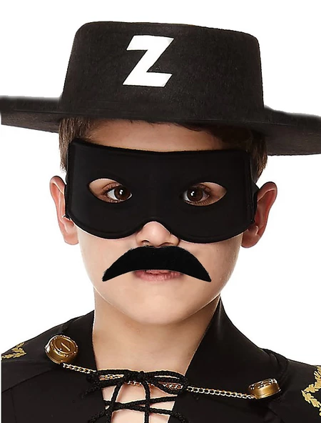 Siyah Renk Zorro Şapkası Zorro Maskesi ve Zorro Bıyık Çocuk Boy (4593)