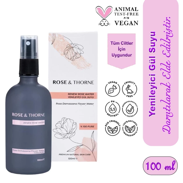 Rose Thorne 100 Ml Yenileyici Doğal Damıtılmış Gül Suyu Cilt Yüz Temizleme Nemlendirme Antioksidan