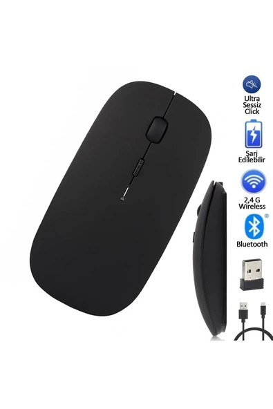 Wontis Premium Ultra Slim Mat Black Şarjlı Kablosuz Bluetooth 3.0 1600 Dpi Optical Sessiz Mouse