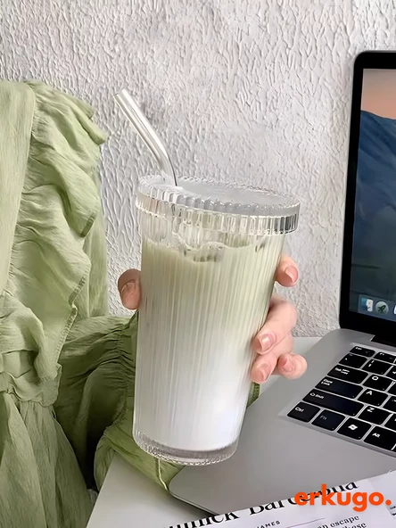 Cam Kapaklı Pipetli Borosilikat Sunum Bardağı, Isıya Dayanıklı Bardak, Kahve Bardağı (400 ml) Latte - 4