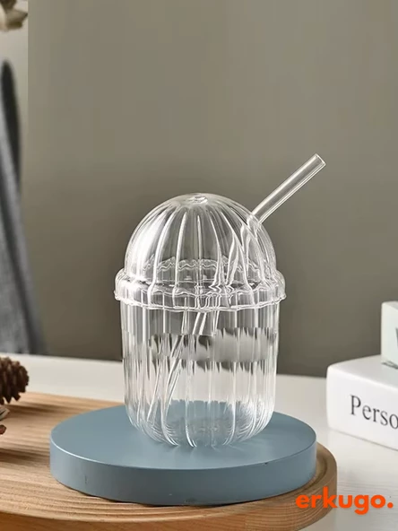 Cam Kapaklı Pipetli Borosilikat Sunum Bardağı, Isıya Dayanıklı Bardak, Kahve Bardağı (450 ml) Mocha - 6