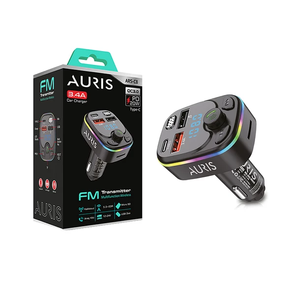 Auris ARS-C8 Bluetooth/USB FM 20W 2usb+Pd Rgb Fm Transmitter