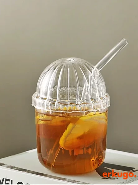 Cam Kapaklı Pipetli Borosilikat Sunum Bardağı, Isıya Dayanıklı Bardak, Kahve Bardağı (450 ml) Mocha - 7