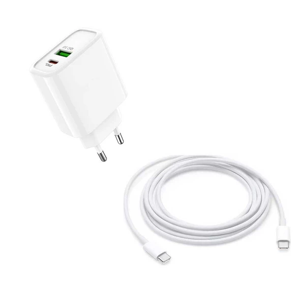 20 Watt 1x USB-A 1x USB-C 1 Mt Type-C to Type-C Kablo Hızlı Şarj Özellikli Adaptör + Kablo AC96