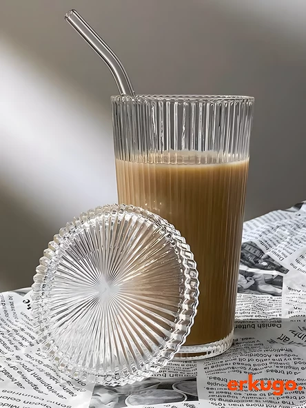 Cam Kapaklı Pipetli Borosilikat Sunum Bardağı, Isıya Dayanıklı Bardak, Kahve Bardağı (400 ml) Latte - 2