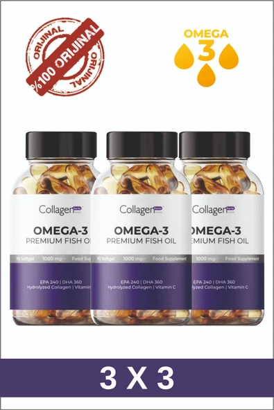 9 Adet Omega-3 Premium Fish Oil 90 Softgel X 1000mg, Balık Yağı, Hidrolize Kolajen