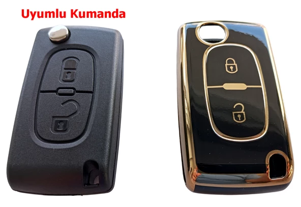 Citroen Berlingo C3 C4 C5 Uyumlu Kumanda Anahtar Kılıfı Oto Anahtarlık Siyah Gold - Resim 4