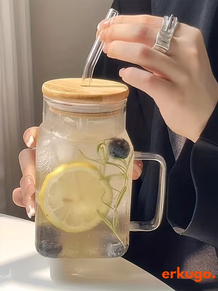 Bambu Kapaklı Pipetli Borosilikat Sunum Bardağı, Kahve Bardağı, Kulplu Bardak (650 ml) Hibiscus - 3