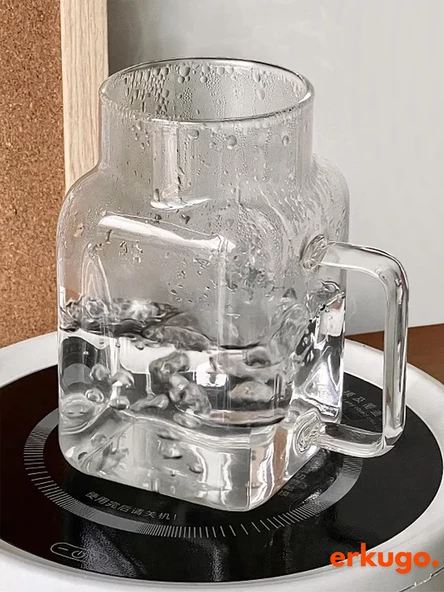 Bambu Kapaklı Pipetli Borosilikat Sunum Bardağı, Kahve Bardağı, Kulplu Bardak (650 ml) Hibiscus - 4