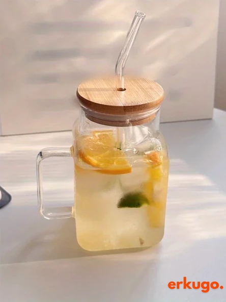 Bambu Kapaklı Pipetli Borosilikat Sunum Bardağı, Kahve Bardağı, Kulplu Bardak (650 ml) Hibiscus - 7