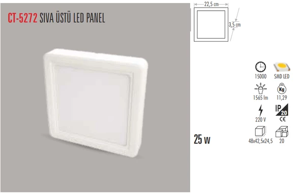CT-5272 25W/6400K ALM. S.Ü LED ARMATÜR KARE (BEYAZ) CATA