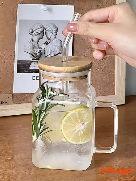 Bambu Kapaklı Pipetli Borosilikat Sunum Bardağı, Kahve Bardağı, Kulplu Bardak (650 ml) Hibiscus - 5