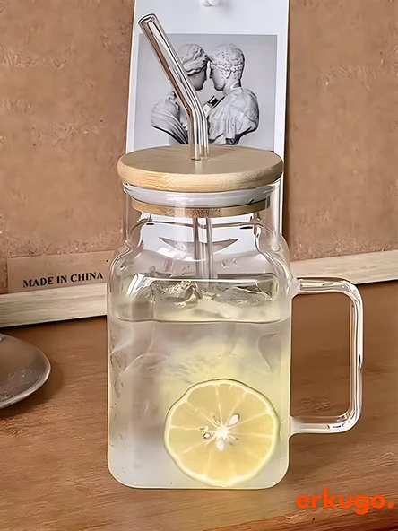 Bambu Kapaklı Pipetli Borosilikat Sunum Bardağı, Kahve Bardağı, Kulplu Bardak (650 ml) Hibiscus - 6