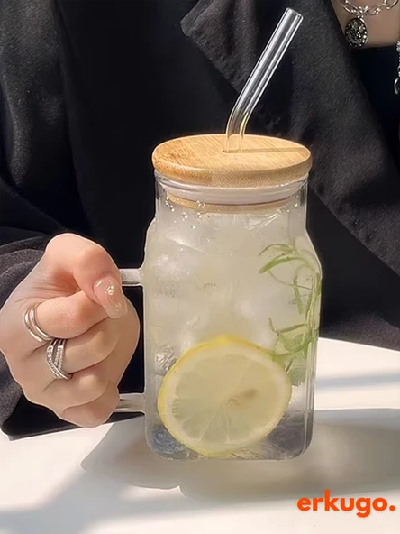 Bambu Kapaklı Pipetli Borosilikat Sunum Bardağı, Kahve Bardağı, Kulplu Bardak (650 ml) Hibiscus - 2