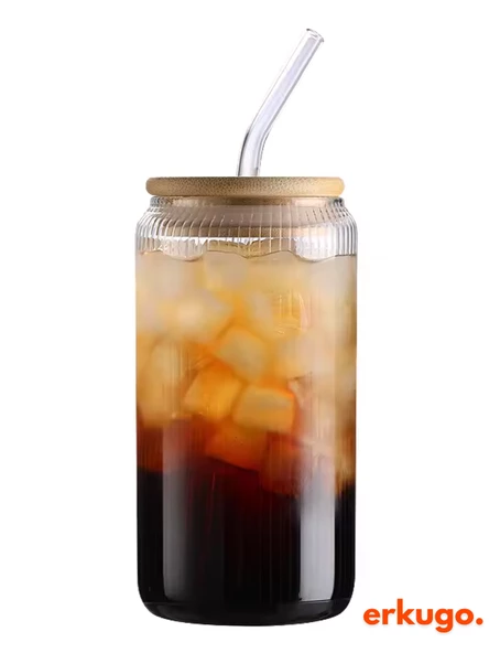 Bambu Kapaklı Pipetli Borosilikat Sunum Bardağı, Kahve Bardağı, Isı Dayanıklı Bardak (500 ml) Coollime2 - 3