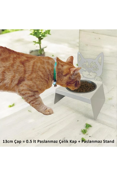 Sevimli Kedi Tasarımlı, Ergonomik Beyaz Kedi ve Köpek Mama ve Su Kabı Tekli Small Model – Paslanmaz Çelik, Dayanıklı Malzeme - 2